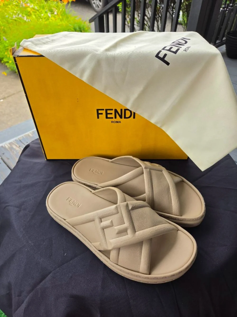 Fendi Cream Crisscross Leather Slide Sandals